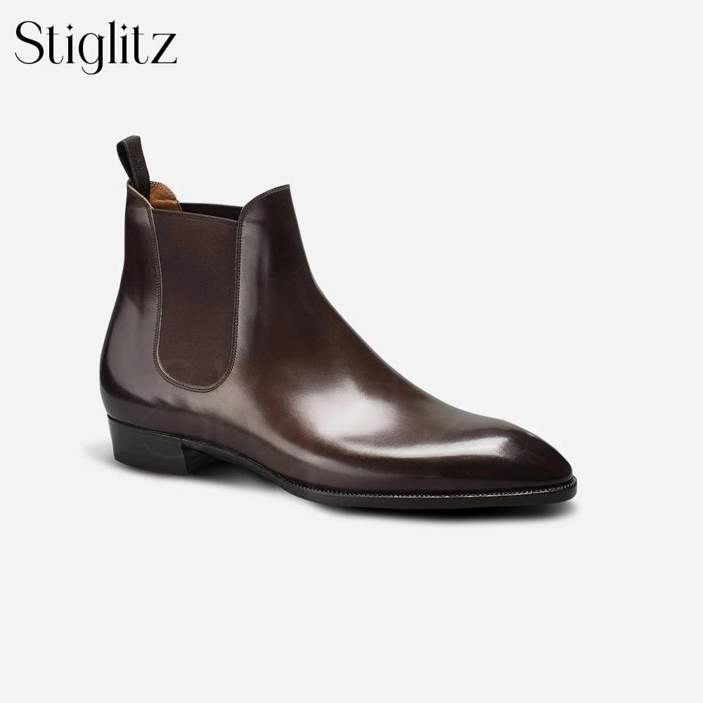 Almond Toe Chelsea Booties Formal Occasions Haute Couture Ankle Boots Genuine Leather Hand-Polished Stitched Slip-On Men's Boots