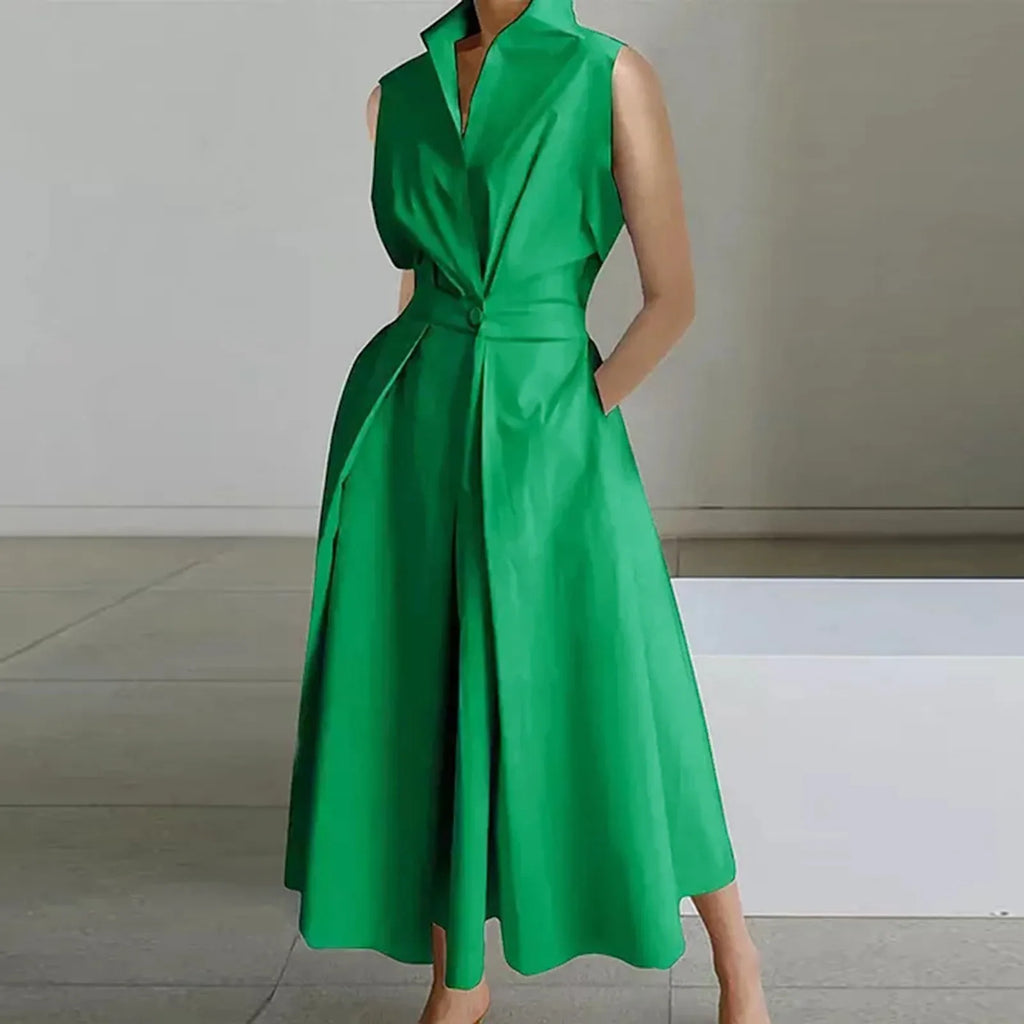 Korean Summer Sleeveless Shirt Dress for Women Turn Down Collar Ruched Maxi Dress Women Button Tunic Party Holiday Dress 원피스