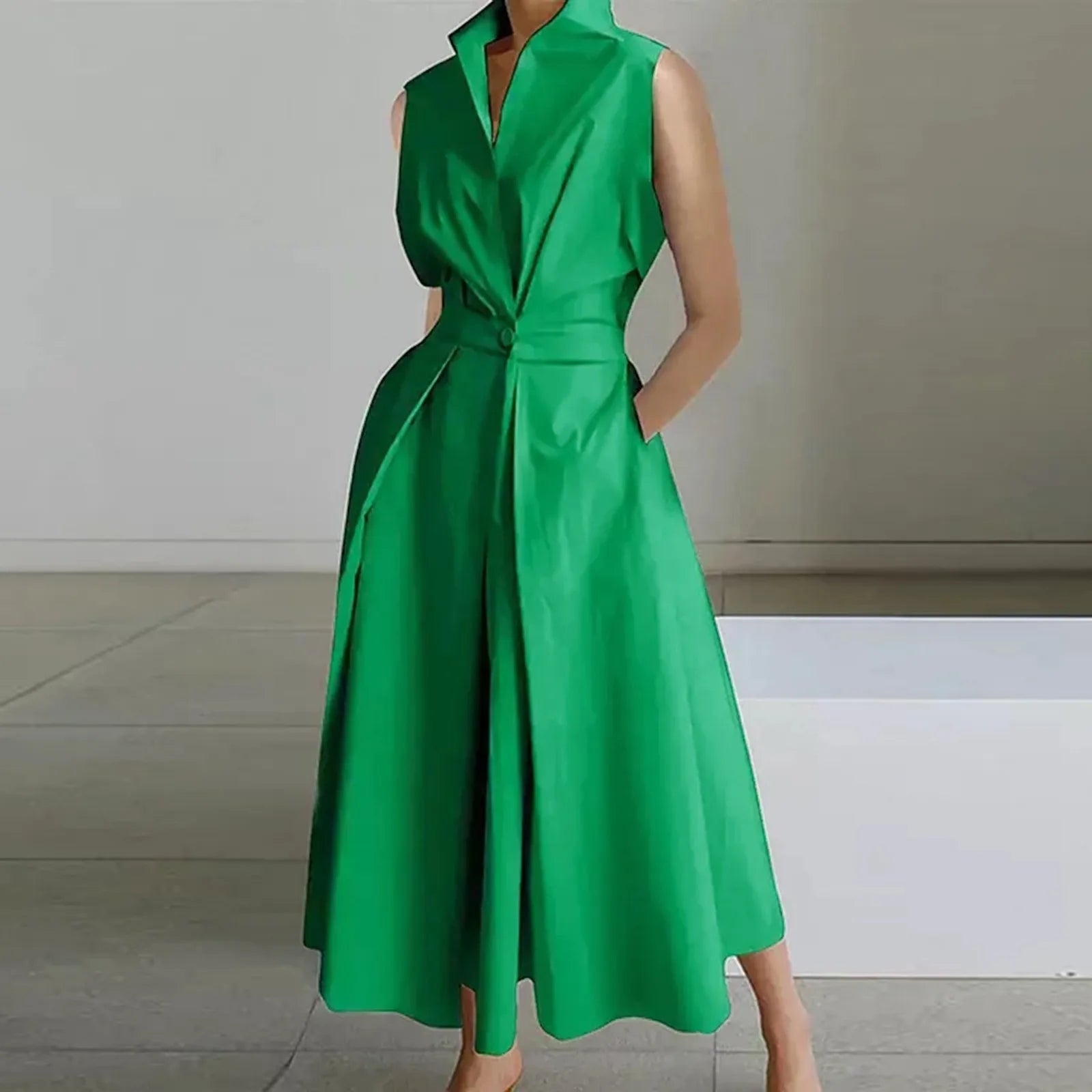 Korean Summer Sleeveless Shirt Dress for Women Turn Down Collar Ruched Maxi Dress Women Button Tunic Party Holiday Dress 원피스