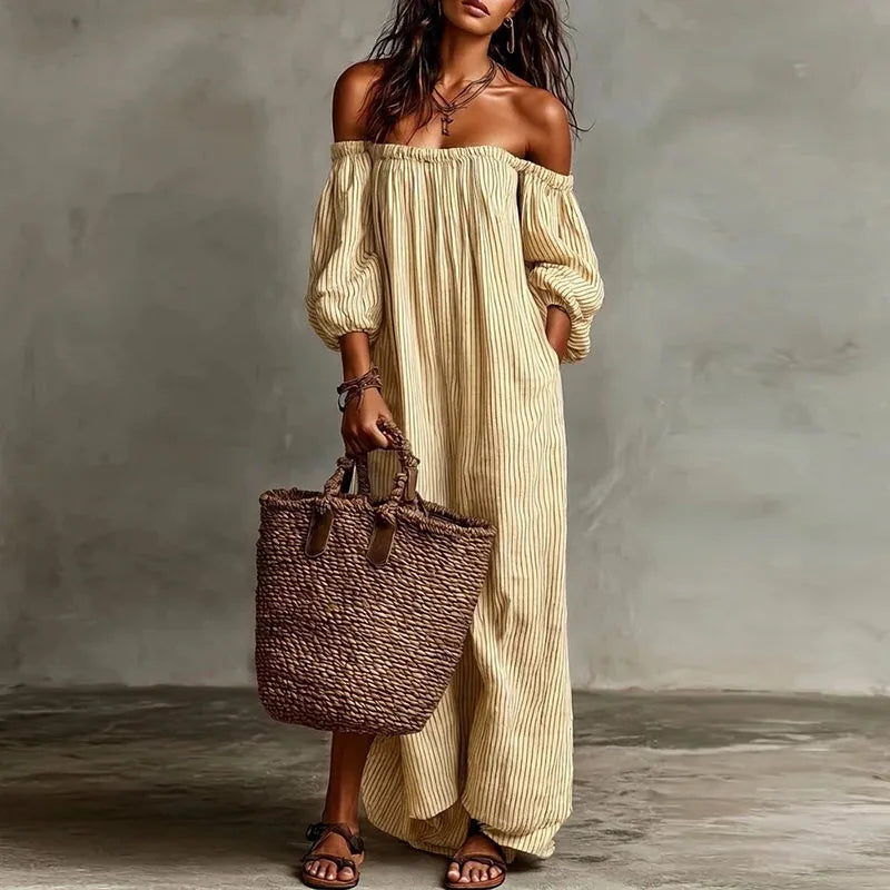 Spring Summer Beach Vacation Maxi Dress Woman Sexy Off Shoulder Puff Sleeve Long Dresses Vintage Striped Print Pocket Boho Dress