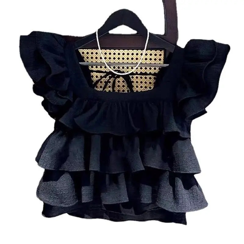 Korean version of girls' wooden ear edge flying sleeve square collar shirt children summer children foreign style sleeveless top