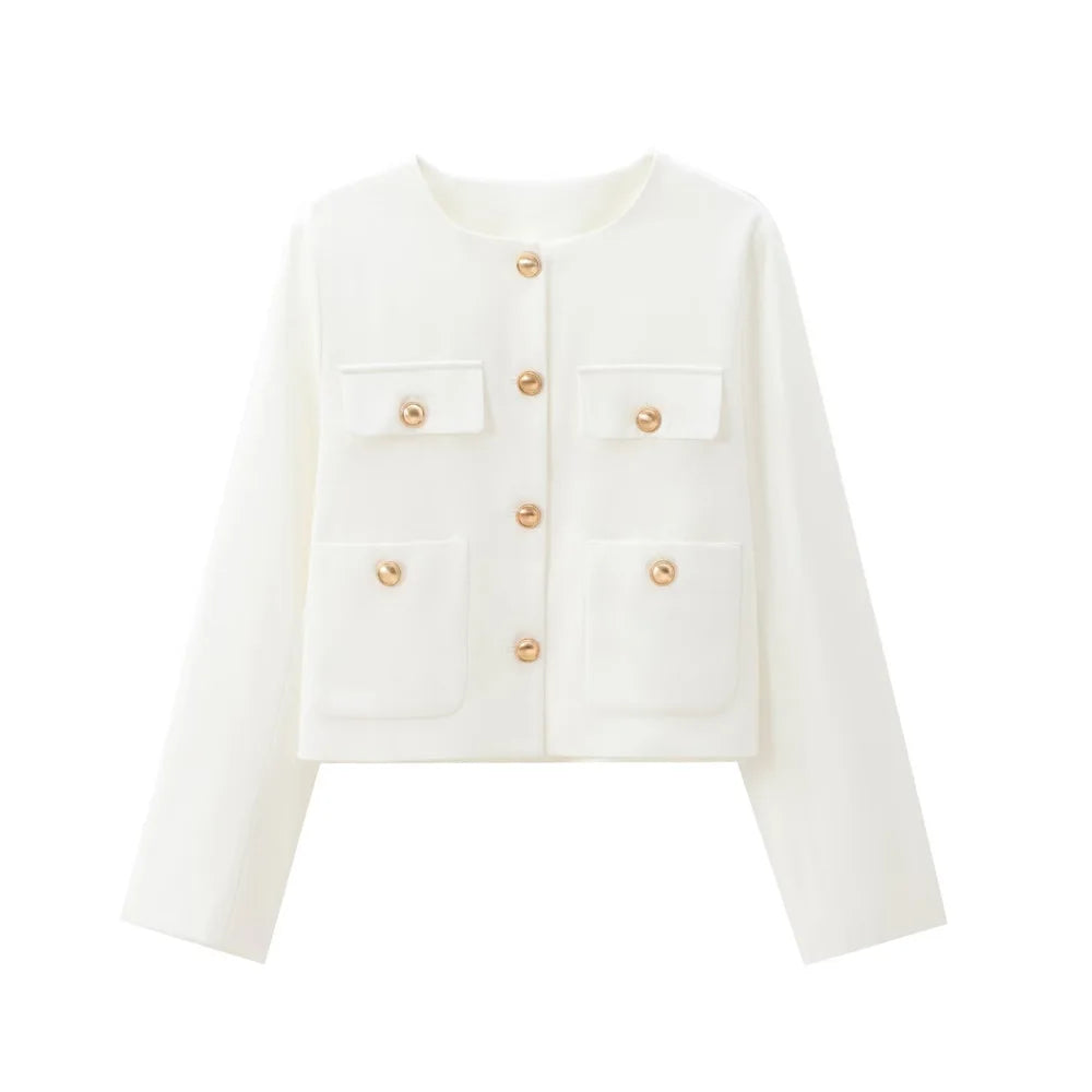 Cropped Jacket with Golden Buttons for Women, O Neck, Long Sleeve, Female Outerwear, Chic Tops, Fashion