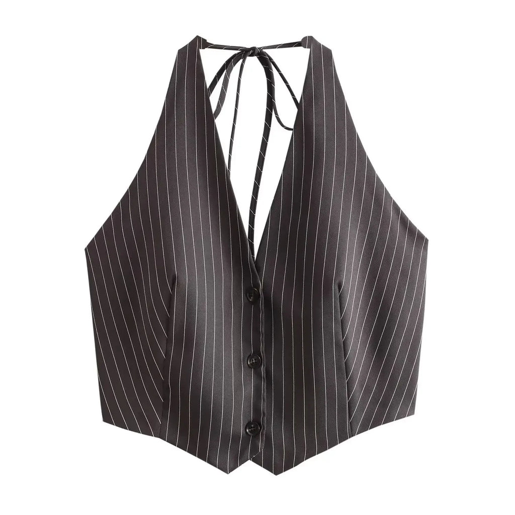 2025 Summer Women’s Adjustable Bow Back Vest | Striped Suit Waistcoat for Office Casual Daily - Deep V Neck Grey Street Chic