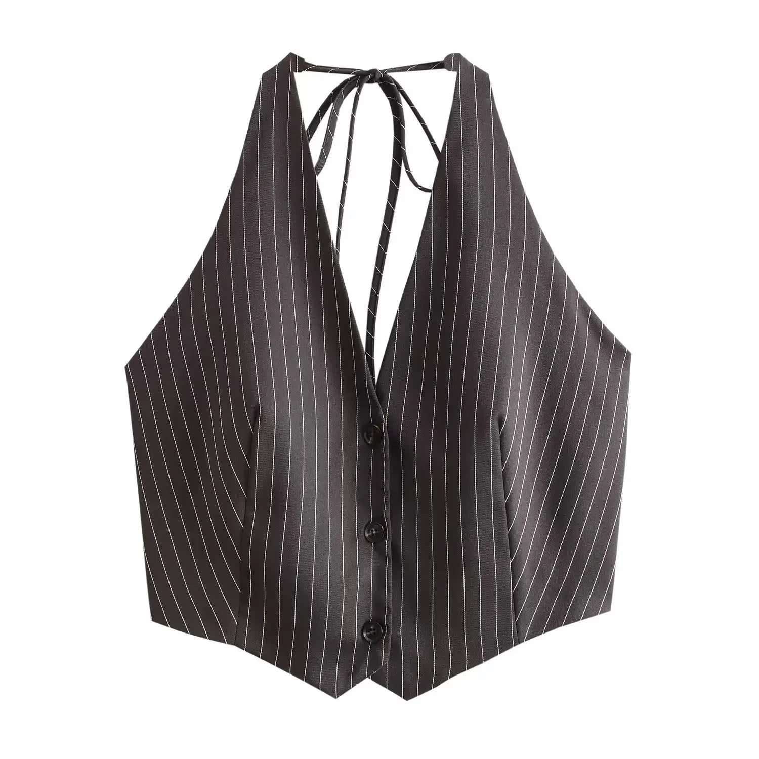 2025 Summer Women’s Adjustable Bow Back Vest | Striped Suit Waistcoat for Office Casual Daily - Deep V Neck Grey Street Chic