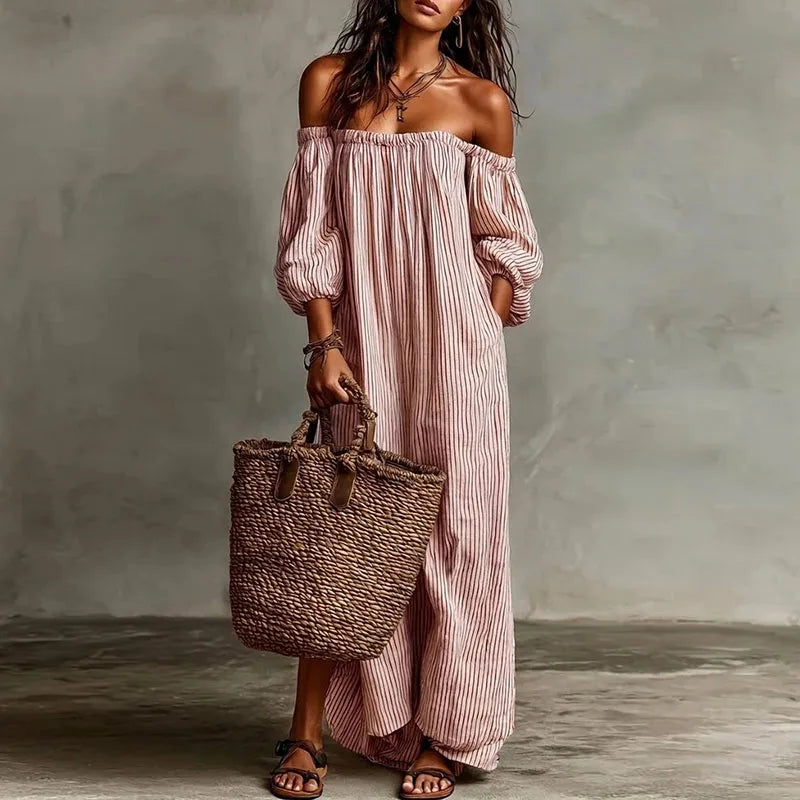 Spring Summer Beach Vacation Maxi Dress Woman Sexy Off Shoulder Puff Sleeve Long Dresses Vintage Striped Print Pocket Boho Dress