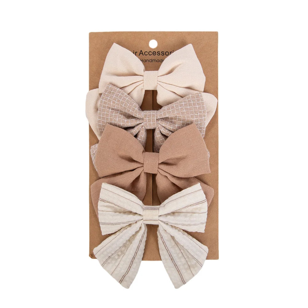 4Pcs/Set Baby Girls Hair Bows Clips Linen Cotton Ponytail Hairpins Plaid Flower Dot Printed Korean Ins Hairgrips Kids Headwear
