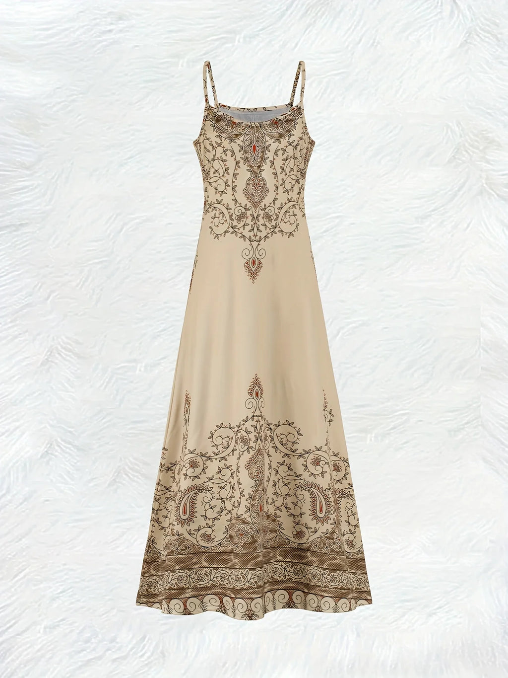 Printed Design Beige & Rust Ornate Halter Maxi Dress