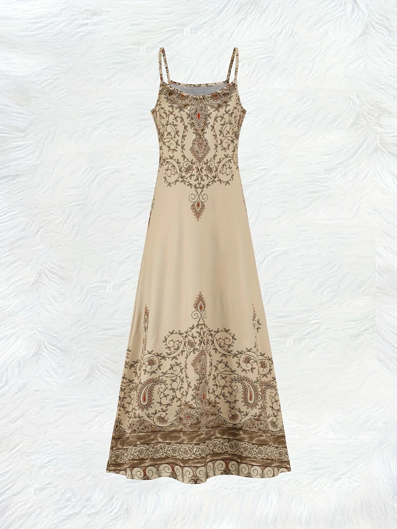 Printed Design Beige & Rust Ornate Halter Maxi Dress