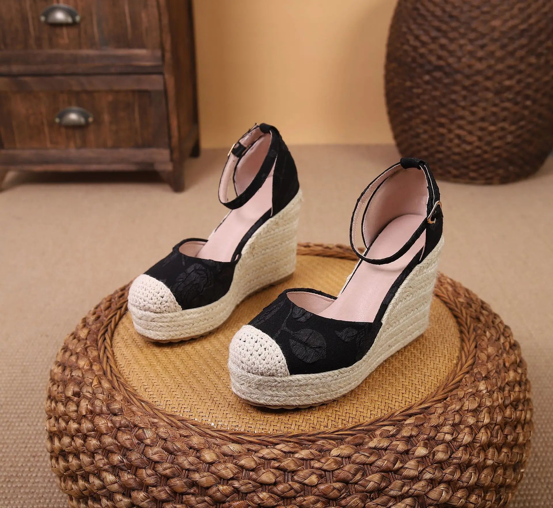 LIHUAMAO printed flower fabric comfort wedges sandals women high heel espadrilles shoes pumps csaual shoes bohemia beach style
