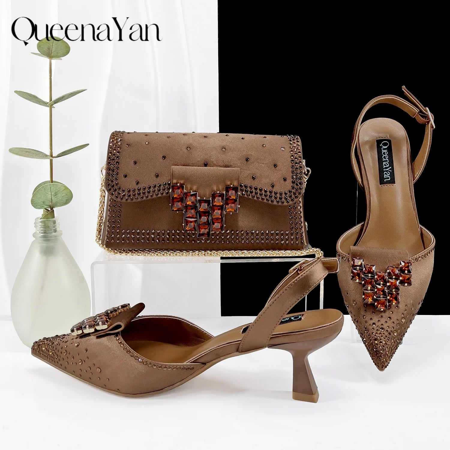 Queen Yan Green Color Rhinestone Comfortable high heel shoe And Bag Fashion Style Pointed-Toe Shoes For Women Or Commuting Shoes