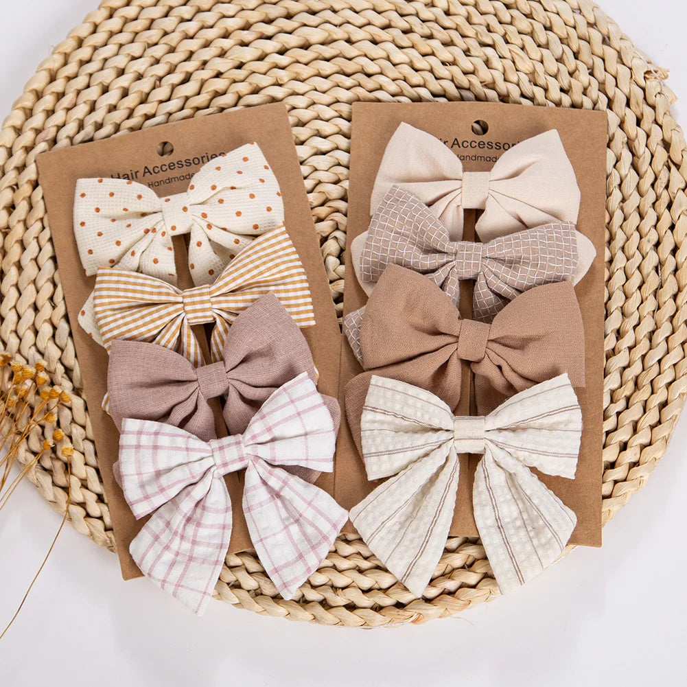 4Pcs/Set Baby Girls Hair Bows Clips Linen Cotton Ponytail Hairpins Plaid Flower Dot Printed Korean Ins Hairgrips Kids Headwear