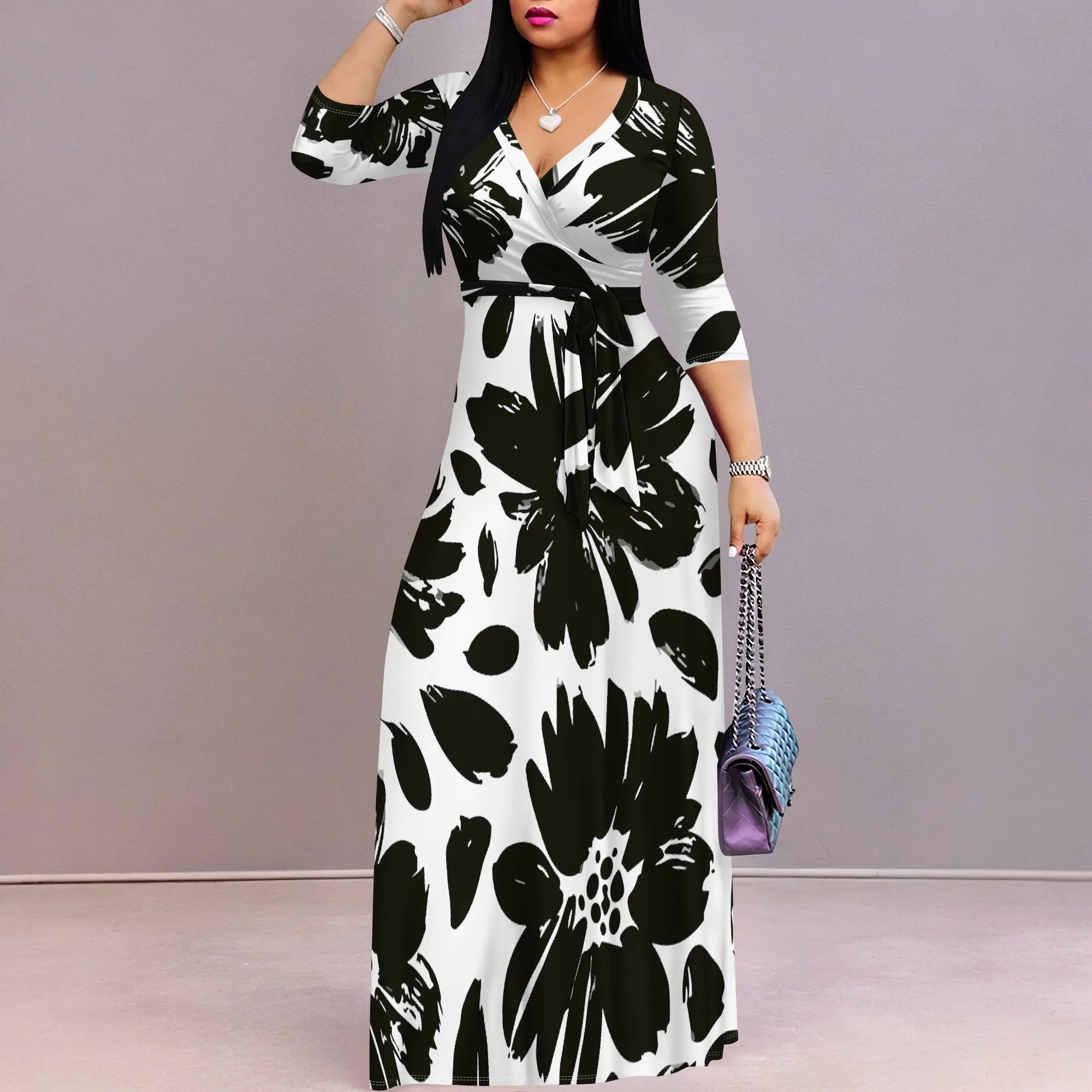 3/4 Sleeve V Neck Maxi Dress For Women With Pocket and Belt