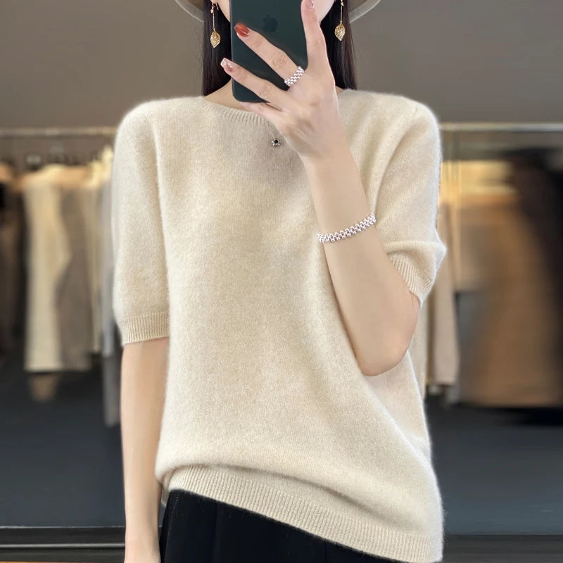 100% Merino wool women's O neck knitted T-shirt Korean pullover short sleeve sweater women's basic solid color half sleeve women