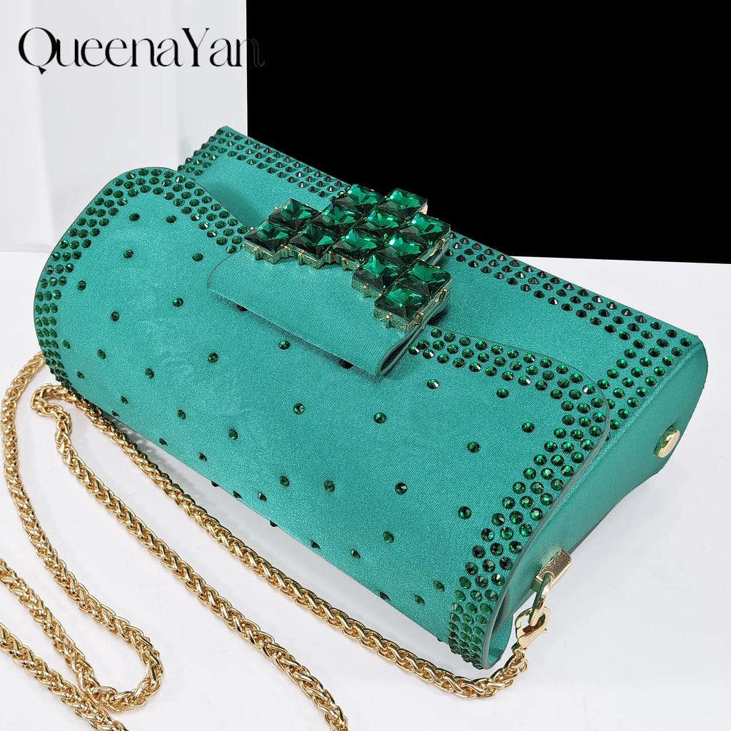 Queen Yan Green Color Rhinestone Comfortable high heel shoe And Bag Fashion Style Pointed-Toe Shoes For Women Or Commuting Shoes
