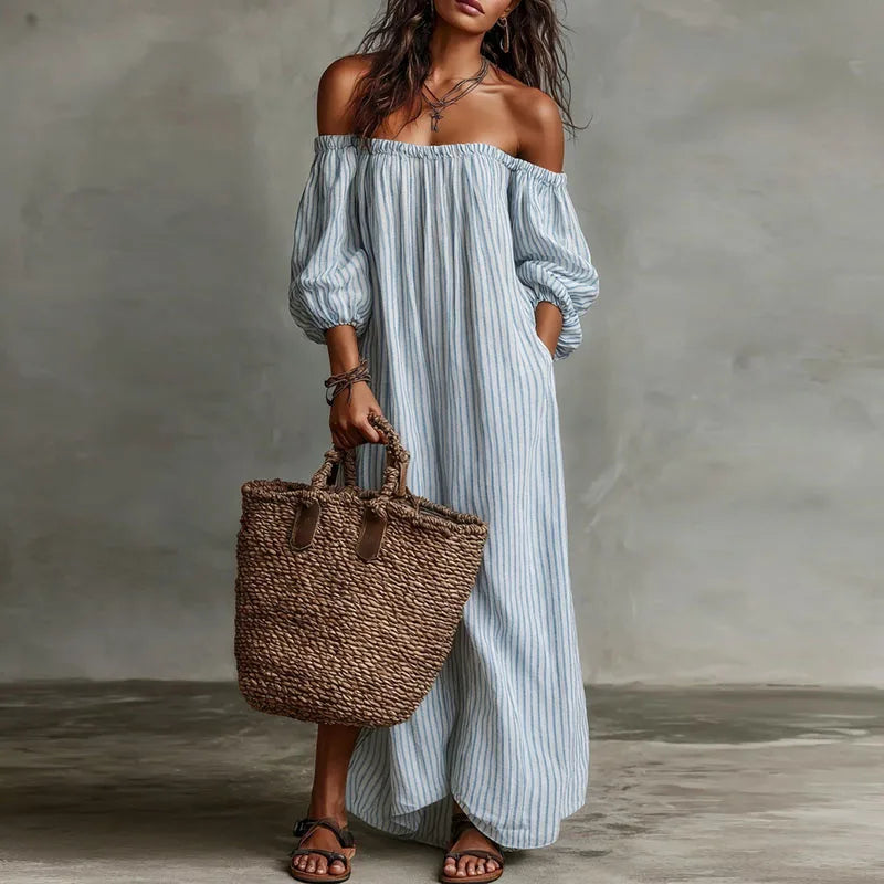 Spring Summer Beach Vacation Maxi Dress Woman Sexy Off Shoulder Puff Sleeve Long Dresses Vintage Striped Print Pocket Boho Dress