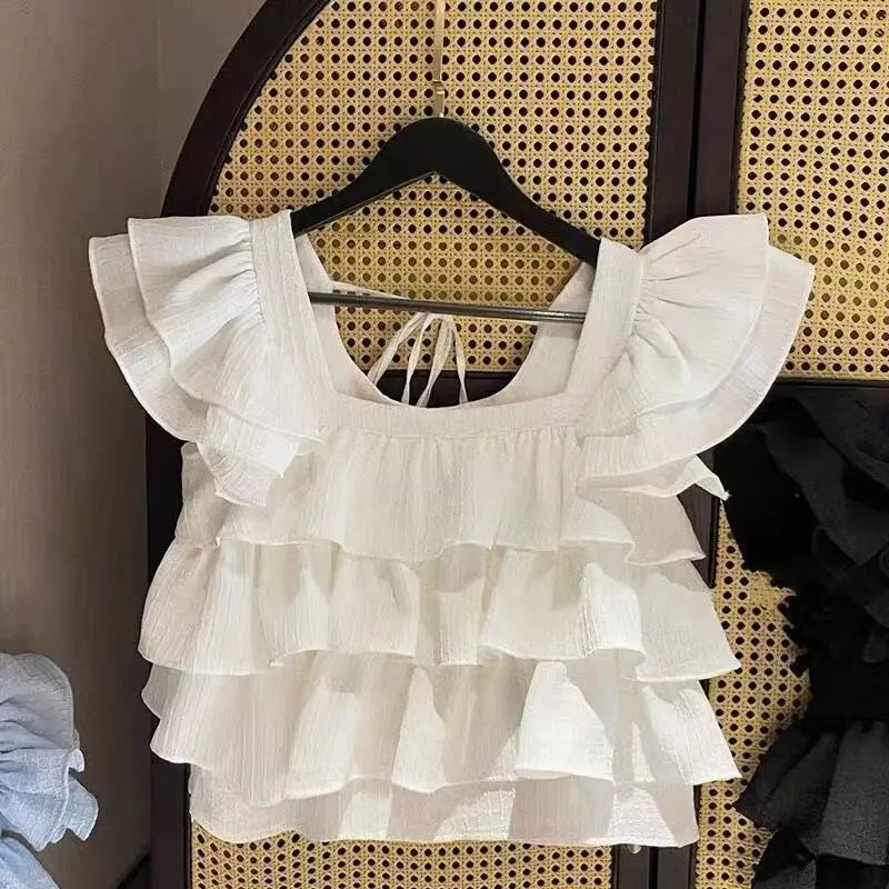 Korean version of girls' wooden ear edge flying sleeve square collar shirt children summer children foreign style sleeveless top