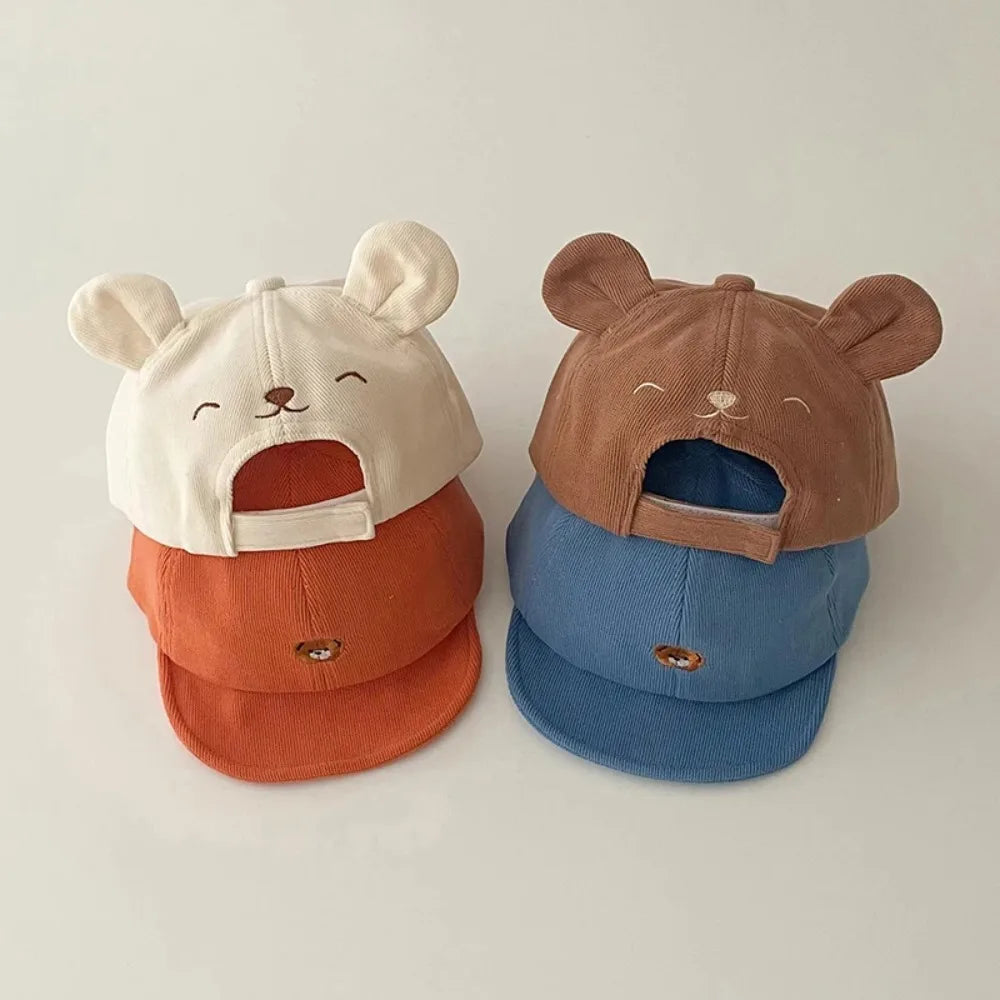 2026 NEW Cartoon Bear Baby Baseball Hat with Ears Cute Solid Color Infant Peaked Cap Kawaii Spring Summer Kids Cotton Sun Hats