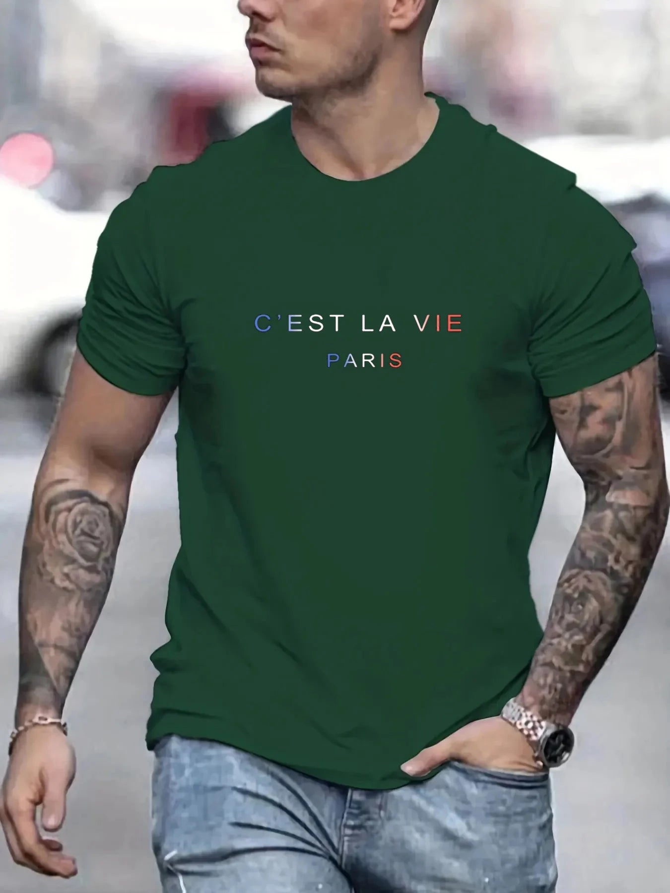 Men's summer 100% pure cotton fashionable casual loose Paris letter printed round neck short sleeved T-shirt top