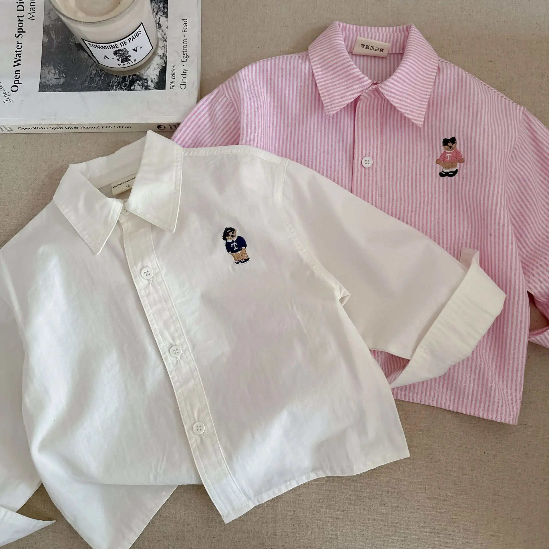 Children's Shirt 2025 Spring Cartoon Boys' Girls' Long Sleeve Blouses Shirts Korean Children's Clothing Pink Blue White Blouse