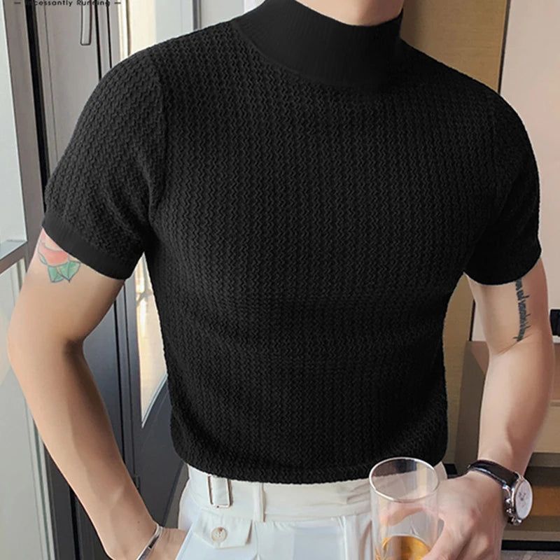 New Summer Fashion Tight T-shirt Casual Streetwear Textured High-neck Solid Color Short-sleeved Bottoming Tees Korean Style Tops