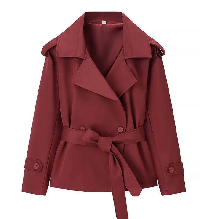 Solid Color Lace Up Windbreaker Women Fashion Long Sleeve Wide Shoulder Short Loose Jacket New Autumn Commuting Street Outerwear