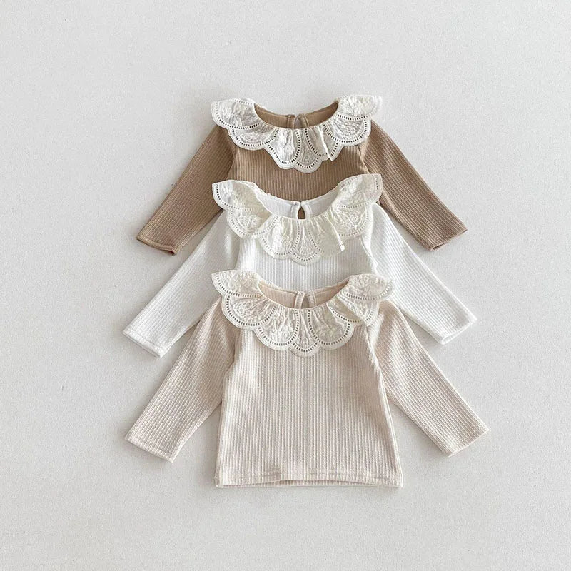 Kids New Autumn Bottoming Shirt Girls Embroidered Flower Lotus Collar Shirt 0-3T Children Simplicity Undershirts
