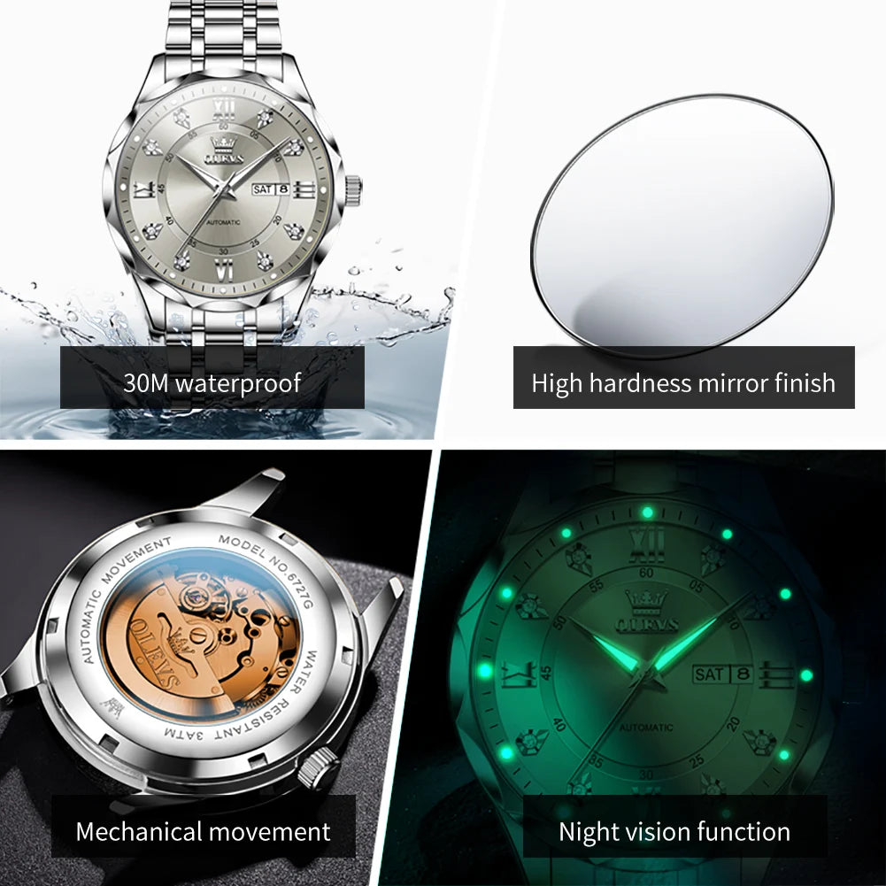OLEVS 6727 Men's Watches Business Fashion Original Automatic Mechanical Watch for Man Grey Double Scale Waterproof Luminous Date