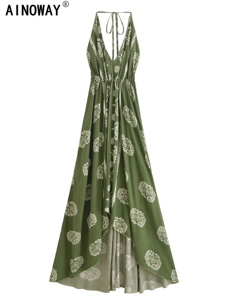 Vintage Women Floral Print Backless Sexy Beach Bohemian Maxi Dress Lady High-Low Tassel Strapless Vacation Summer Boho Dress
