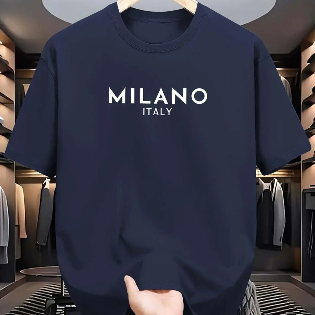 Summer men's 100% pure cotton casual loose and fashionable MILANO ITALY letter printed round neck short sleeved T-shirt top
