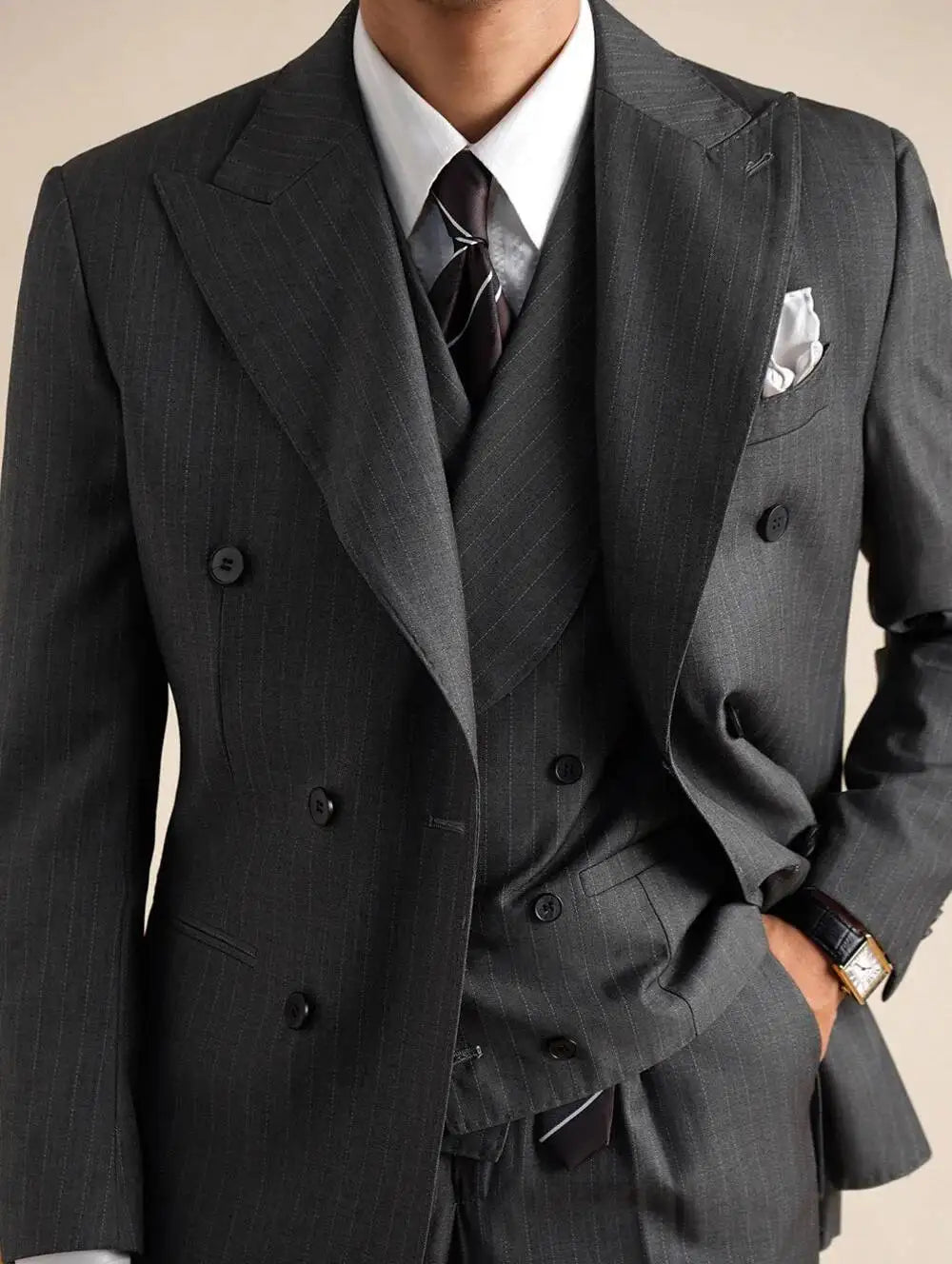 Wool Italian Blazers Suit For Men Business Double Breasted Wedding Tuxedo Suit Smoking Homme Mariage Striped Suit 3 Piece Homme