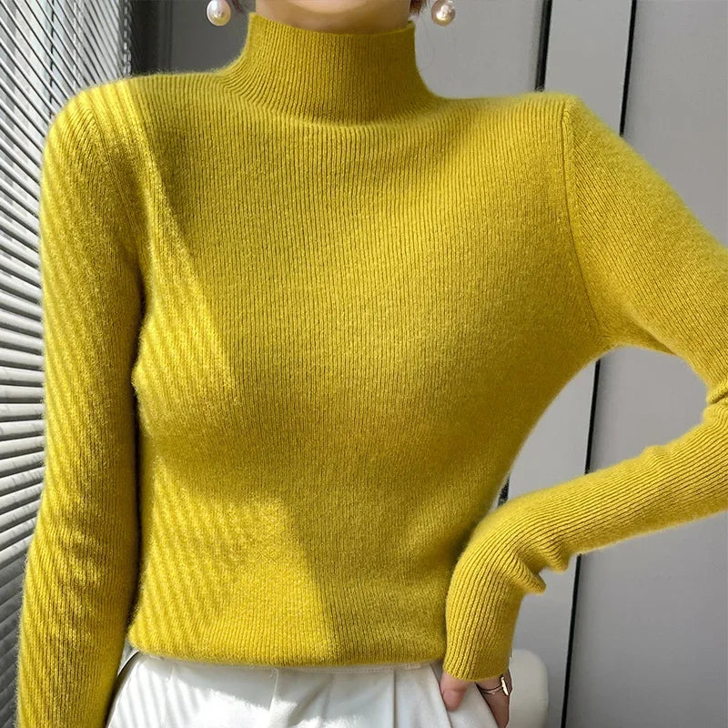 Autumn Winter Women Sweater Slim Fit Bottoming Shirt Basic Knitted Tops Black Long Sleeve Mock Neck Pullovers Strecth Innerwears