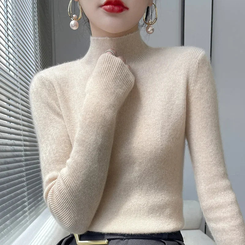 Autumn Winter Women Sweater Slim Fit Bottoming Shirt Basic Knitted Tops Black Long Sleeve Mock Neck Pullovers Strecth Innerwears
