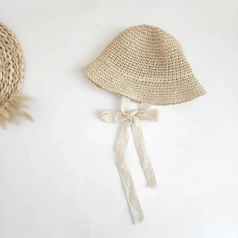 Fashion Baby Petal Brim Straw Woven Hat Sun Protection Lace Cap Kids Girls Princess Collapsible Beach Cute Infant Bucket Hats