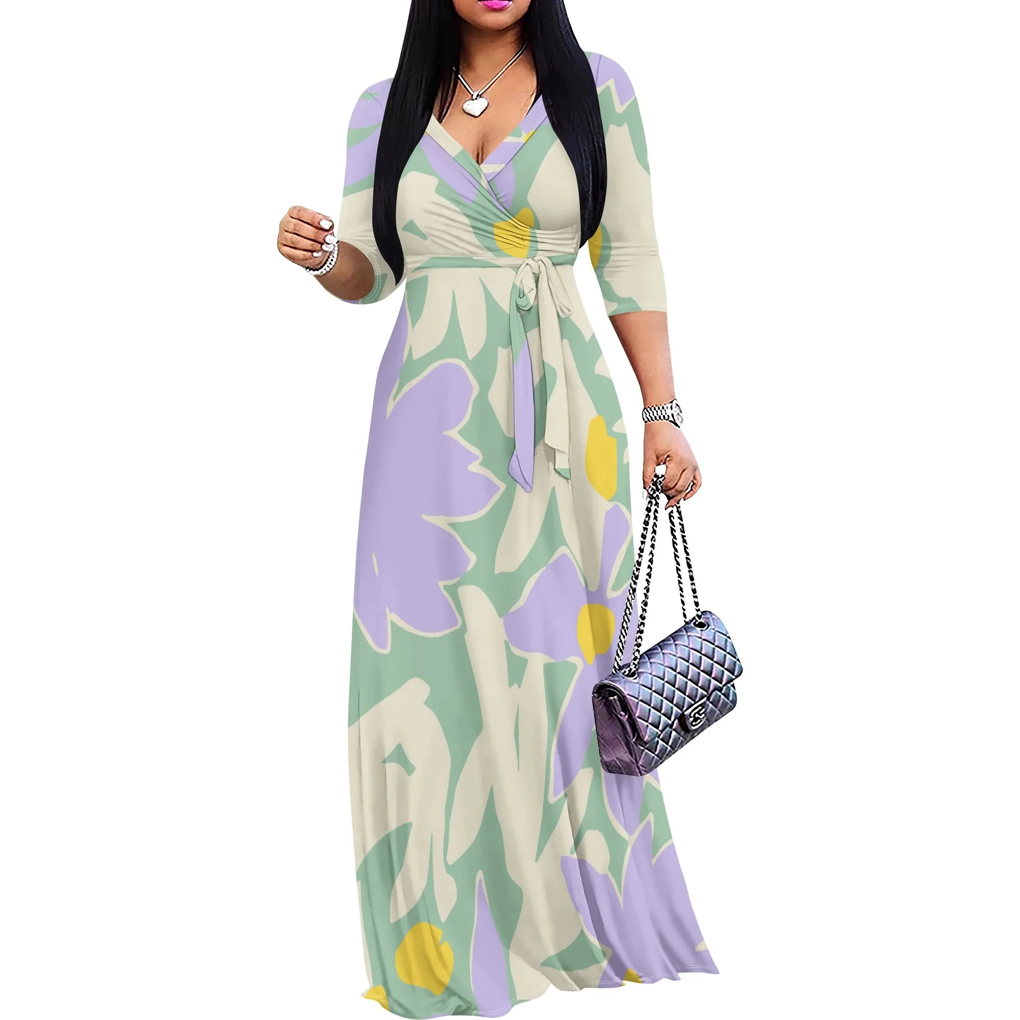 3/4 Sleeve V Neck Maxi Dress For Women With Pocket and Belt