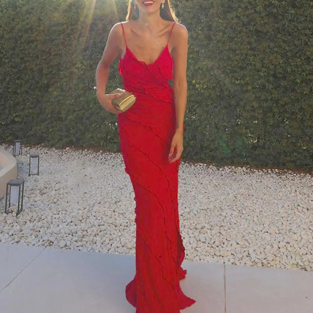 Spaghetti Strap Ruffled V Neck Dress Sexy Strap Open Back Split Ruffle Dress Cocktail Prom Party Maxi Dress Strappy Dresses