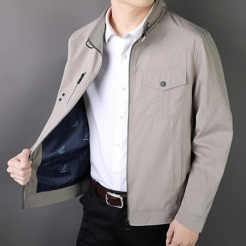 2023 Spring Autumn Jacket Bomber Men's Slim Business Coat Thin Casual Mens Baseball Solid Color Tops Fashion Male Dad Plus Size