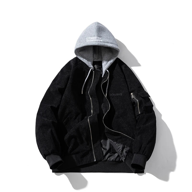 Fashion Bomber Jacket Man Vintage Letter Embroidery Pilot Jacket Women Solid Cotton Corduroy Autumn Winter Coat Hooded Designer