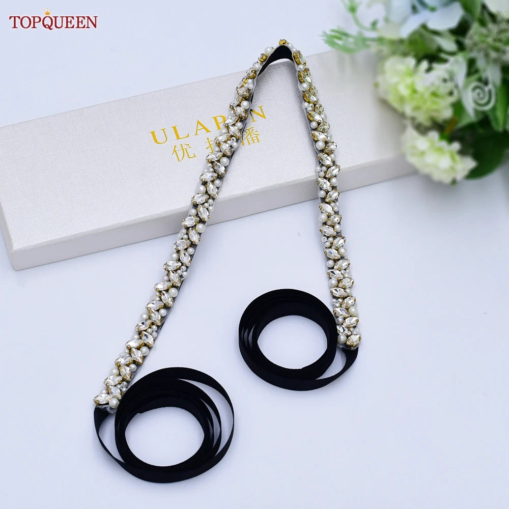 TOPQUEEN Wedding Belts and Sashes Handmade Beaded Belts for Dresses Pearl and Rhinestone Trim SIlver Gold Wedding Belt S383