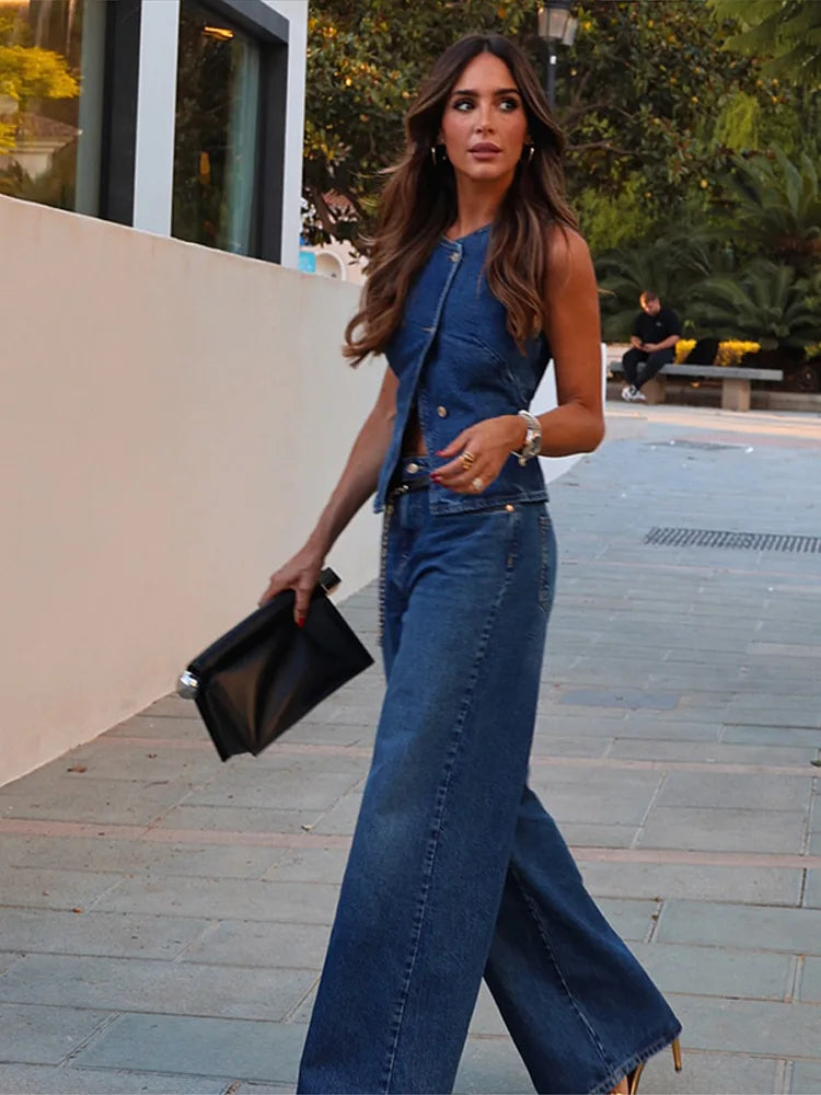 Elegant Women's Suits Denim Sleeveless Irregular Short Vest Wide Legs Long Jeans 2025 Autumn Street Fashion Ladies Pants Sets