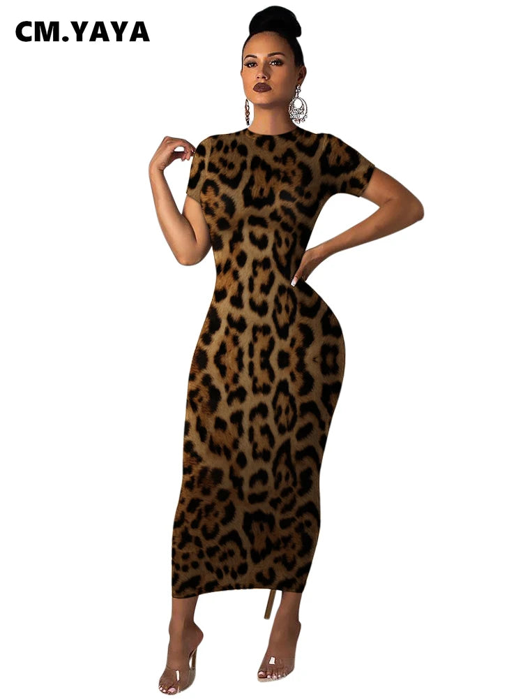 Summer Women Clothes Long Maxi Dress Short Sleeve Leopard Print Night Club Party Sexy Bandage Elegant Dresses Vestidos
