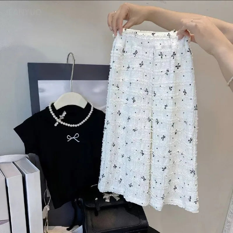 2-8Y Girls' Short Sleeve Shirt Children's 2025 Summer Dress New Style T-shirt Korean Bow Tops Wide Leg Pants Baby Summer Clothes