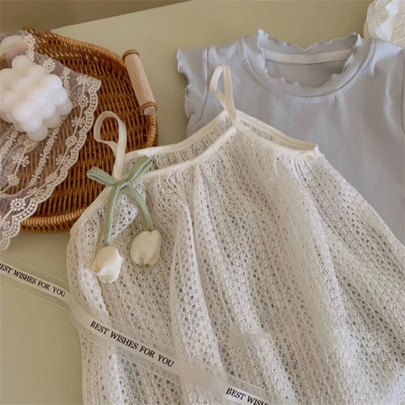 Children's Clothing 2026 Blue Clothing+Camisole Skirt set Summer Sweet Tulip Vest Knitted Skirt Korean Version Baby Set Stylish
