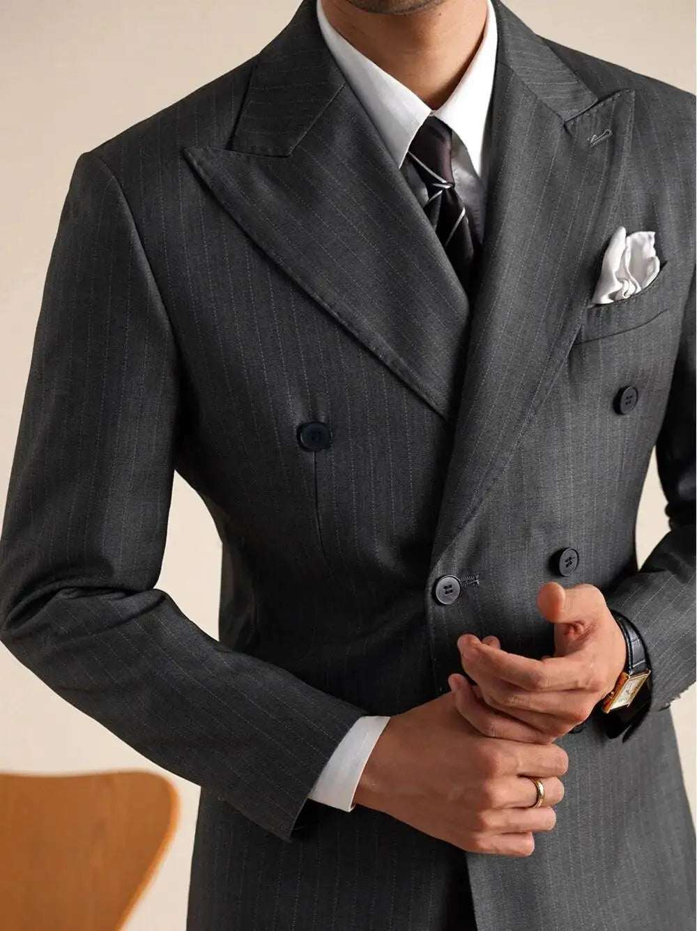 Wool Italian Blazers Suit For Men Business Double Breasted Wedding Tuxedo Suit Smoking Homme Mariage Striped Suit 3 Piece Homme
