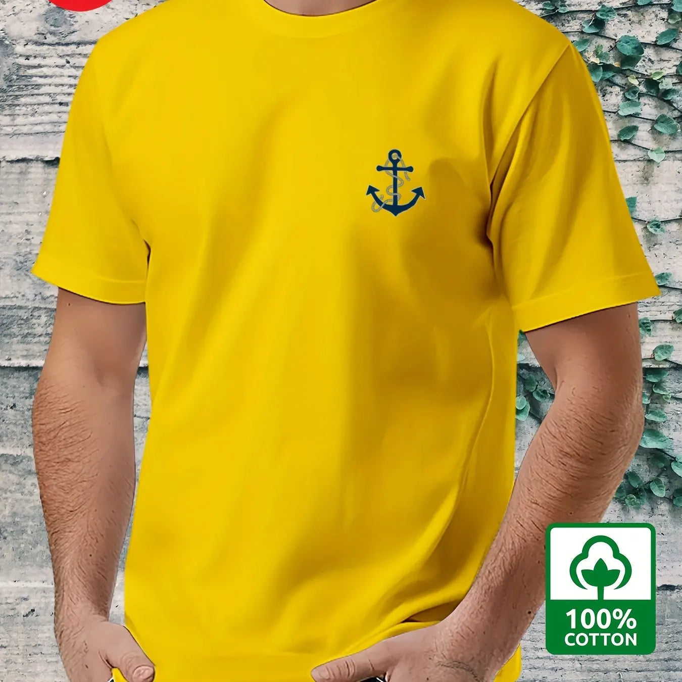 Men's 100% pure cotton fashionable casual loose boat anchor pattern printed round neck short sleeved T-shirt top