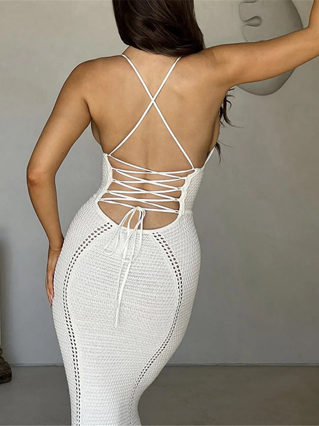 V Neck Cross Back Hollow Out Crochet Knitted Tunic Beach Cover Up Cover-ups Beach Dress Beach Wear Beachwear Female Women K7122