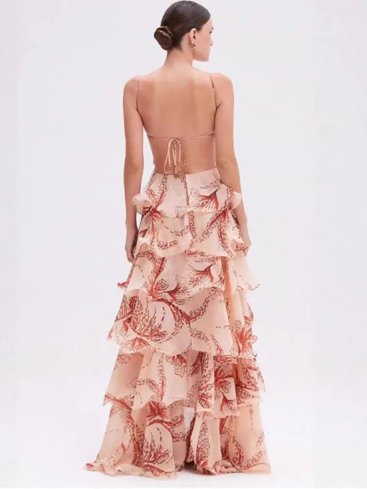 DFDG Women's 2025 Spring Summer Boho Maxi Dress Sling V-Neck Floral Print Layered Ruffle Butterfly Casual Vacation Flowy Dress