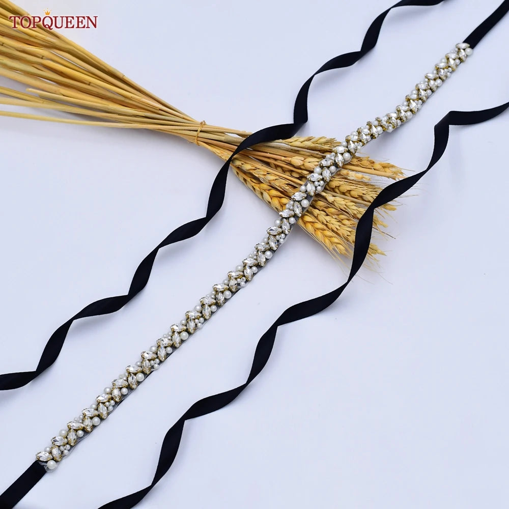 TOPQUEEN Wedding Belts and Sashes Handmade Beaded Belts for Dresses Pearl and Rhinestone Trim SIlver Gold Wedding Belt S383