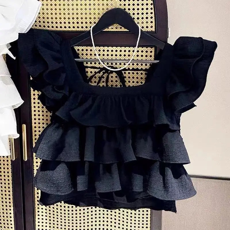Korean version of girls' wooden ear edge flying sleeve square collar shirt children summer children foreign style sleeveless top