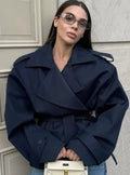 Solid Color Lace Up Windbreaker Women Fashion Long Sleeve Wide Shoulder Short Loose Jacket New Autumn Commuting Street Outerwear