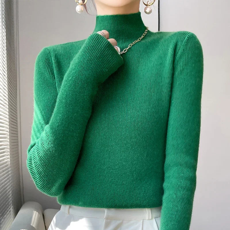 Autumn Winter Women Sweater Slim Fit Bottoming Shirt Basic Knitted Tops Black Long Sleeve Mock Neck Pullovers Strecth Innerwears